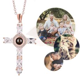 Custom Photo Projection Cross Pendant Necklace with Gift Box for Women Men Mom Girlfriend Birthday Lover DIY Picture Crystal Memory Memorial Hip Hop Jewellery Gifts