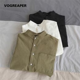 Simple Design Solid Colours Long Sleeve Shirts Korean Fashion Mandarin Collar 100% Cotton White Black Shirt Soft and Comfort 220401