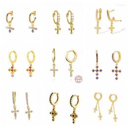 Hoop & Huggie Real 925 Silver Earrings For Women Gold Cross Pendant Girl Ear Bone Piercing Earring Female Small Aretes K5Hoop HuggieHoop Kir