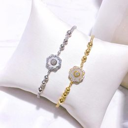 Link Chain Fashion Women Cubic Zirconia Tennis Bracelet Mother-of-Pearl Cute Flower Round Copper Beads Charm Jewelry Inte22