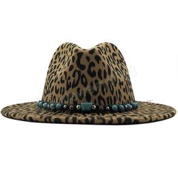 Beaded Decorate Jazz Hat Autumn Winter Men Women Woollen Wide Brim Hats Fashion Leopard Top Hats