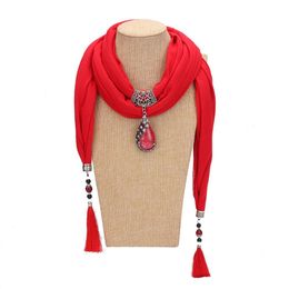 Ethnic Style Women Scarf Ceramic Beads Fringed Peacock Pendant Plain Colour Long Tassel Necklace