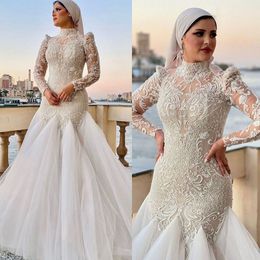 Neck Exquisite High Mermaid Wedding Dress Beads Sequined Lace Arabic Full Sleeve Trumpet Bridal Gowns Robe De Soiree