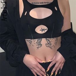 Sexy Solid Sleeveless Crop Top Cut Out Y2K Summer Hollow Tank women Club Casual Slim Black White Basic Vests Tanks 220325