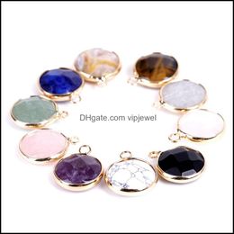 Charms Jewellery Findings Components Natural Stone Round Amethyst Rose Quartz Tigers Eye Turquoise Pendant Diy For Dru Dhcxn