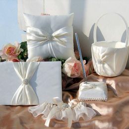 Party Decoration 5Pcs/set Ivory Wedding Bridal Satin Ring Pillow+Flower Basket+Guest Book+Pen Set Supplies