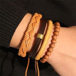 Charm Bracelets Retro Vintage 4 Pcs/set Multi-layer Beaded Leather Men Wood Bangle 2022 Fashion Party Wedding Jewellery GiftCharm