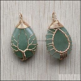 Charms Gold Color Green Aventurine Wire Wrap Handmade Tree Of Life Natural Stone Pendants Diy Necklace Jewelry Making Dr Dhseller2010 Dhhx0