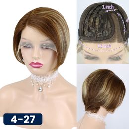 4/27 Ombre Highlight Straight Pixie Cut Short Bob Wig T Part Lace Front 100%Human Hair Remy Hair For Black Women