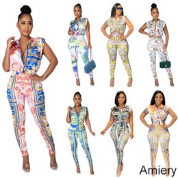 2022 Designer Women Tracksuits 2 PCS Pants Sets Multicolor Printed Outfits Sexy Sleeveless Blouses Shirt Ladies Luxury Suit Summer Set Ladies