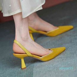 Sandals Designer Luxury yellow back empty Baotou sandals women's thin heels high summer fairy wind pointed head