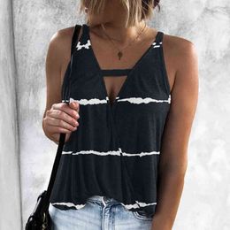 Women Summer Clothes Vest Top Sleeveless Casual Loose Striped Tank Tops V-Neck Regular Size Pullover Ladies Camis Tank Top Deep L220706