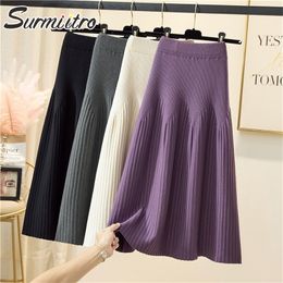 SURMIITRO Fashion Autumn Winter Warm Knitted Midi Long Pleated Skirt Women Korean Style Mid-Length High Waist Female 220322