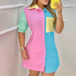 Women Fashion Color Block Shirt Lady Long Sleeve Blouse Turn Down Collar Pocket Button Design Casual Tops 210716