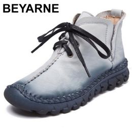 BEYARNE New women boots Leather Winter Boots Handmade laceup Woman Shoes Casual Full Genuine Leather Ankle Boots For Women 201029