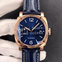 44mm Watches For Men Rose Gold Blue Dial Watch Mens Automatic P.9010 Goldtech Super LumiNova Marina 1112 Sport Officine VS Leather VSF Factory Pam Wristwatches