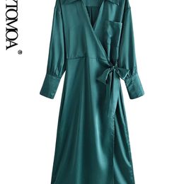 Women Fashion With Tied Soft Touch Wrap Midi Shirt Dress Vintage Long Sleeve Patch Pocket Female Dresses Vestidos Mujer 220526