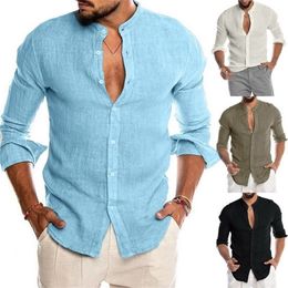 Cotton Linen Selling Men's Long Sleeve Shirts Summer Solid Color Stand Collar Casual Beach Style 220514