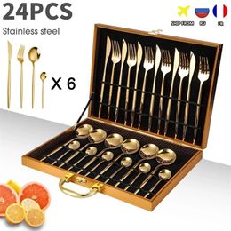 24PCS Cutlery Set Stainless Knife Fork Spoon Flatware Tableware Set Gold Gift Box Portable Dinnerware Dishwasher Kitchenware 220727