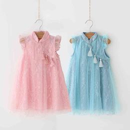 2021 Summer 2 3 4 5 6 7 8 9 10 Years Chinese Cheongsam Crew Neck Party Baby Tassel Lace Princess Chiffon Kids Dresses For Girls G220518