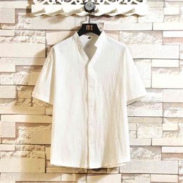 Summer New Cool Harajuku Mens Shirts Simple Design Stand Collar 100% Cotton Short Sleeve White Black Korean Shirt 4XL 5XL 210412