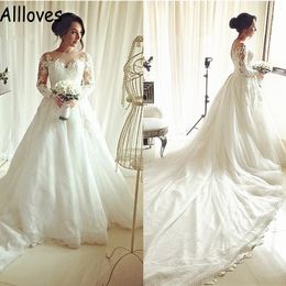 Sheer Neckline Long Sleeves Wedding Gowns With Long Chapel Train Arabic Aso Ebi Lace Appliqued Princess Ball Gown Bridal Dress Plus Size Fall Winter Vestidos CL0712