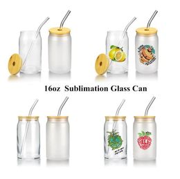 16oz Tumblers Sublimation Glass Beer Mugs Bamboo Lid Straw DIY Blanks Frosted Clear Can Shaped Tumblers Cups Heat Transfer Cocktail Iced Whiskey Glasses ZC1024