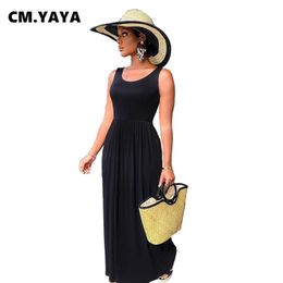 CM.YAYA Women Dress Solid Sleeveless Fit and Flare Long Maxi Dresses Casual Fashion High Streetwear Summer Outfits 220516