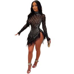 Women Sexy Bodycon Party Dresses Rhinestone Sheer Mesh See Through Club Outfits Night Mini Dress