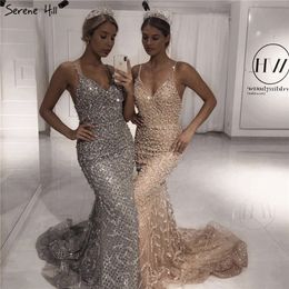 Grey Luxury Sexy Mermaid Evening Dresses 2020 Diamond Beading Off Shoulder Formal Dress Real Photo LJ201123