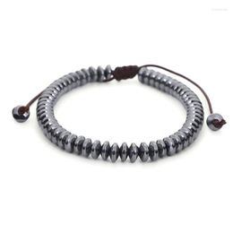 Beaded Strands Simple Fashion Black Hematite Stone Beads Bracelet Men Flying Saucer Shape Bead Bangle Male Jewellery Gift QX-49 Trum22