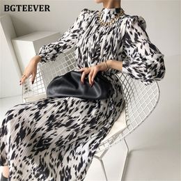BGTEEVER Spring Stand Collar Women Full Sleeve Dress Elegant Hit Color Female Lace up Printed Midi Vestidos 220521