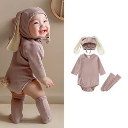 3Pcs/Set Bunny Shaped Baby Clothes Hat Socks Spring Autumn Long Sleeve Newborn Romper Rabbit Ear Beanie Cotton Girl Boy Bodysuit