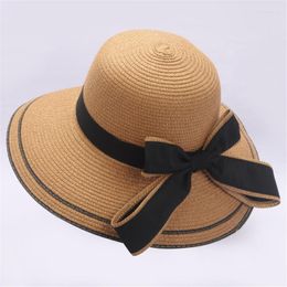 Wide Brim Hats Summer Sun Hat Big Black Bow For Women Foldable Straw Beach Panama Visor UV Protect Travel Cap 2022 Elob22