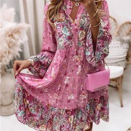 Harajuku Floral Printing Dres Casual Loose Mujers Fashion V-Neck Ruffle Min Dresses Lady Elegant Flare Sleeve Beach Dress 220402