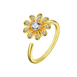 Rotatable Daisy Flower Ring For Women Fashion Open Size S925 Silver Gold Colour Jewellery Zircon Rings