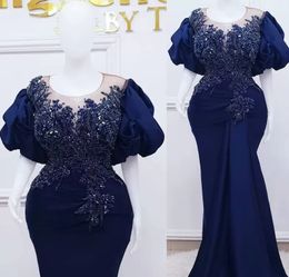 2022 Plus Size Arabisch Aso Ebi Royal Blue Mermaid Ballkleider Spitze Perlen Kristalle Abend Formale Party Zweiter Empfang Geburtstag Verlobungskleider Kleid B0513