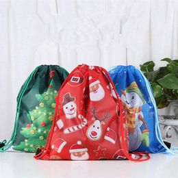 Christmas Drawstring Bag Xmas Santa Claus Snowman Elk Tree Printed Sling Bags Kids Polyster Backpacks Cartoon School Pouch Boys Girls Bundle Pocket 12 Color Pull