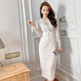 -Vestidos casuales moda mujeres coreano vintage v-cuello manga larga midi fiesta vestido elegante café descanso encaje perspectiva blanco dividir hembra