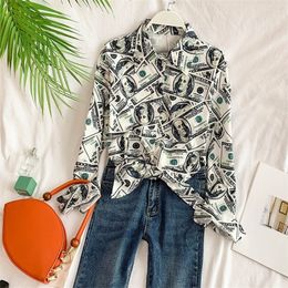 new fashion women's blouse shirt Retro dollar pattern stand collar long sleeve loose lazy shirt top 201202