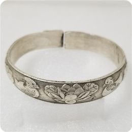 Bangle Antique Silver Plated Chinese Fu-Shou Mandarin Duck Lotus Bracelet Product As Shown In Figure #SQ023Bangle Kent22