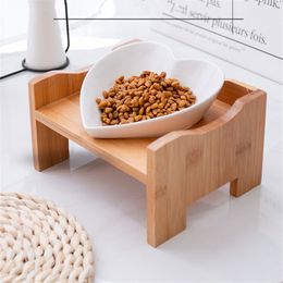 Heart Shape Pets Bowl Dog Cat Food Water Feeder Stand Raised Ceramic Dish Wooden Table Pet Supplies Y200917