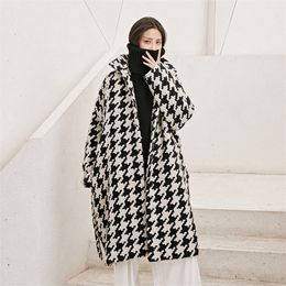 Female new winter and beginning spring plus size black and white houndstooth woven wool outerwear with outline loose Woollen coat LJ201109