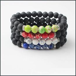 Charm Bracelets Jewellery Sier Colour 8Mm Natural Lava Stone Bead Bracelet Diy Volcano Essential Oil Diffuser For Wo Dhqz8