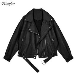 Fitaylor Spring Autumn Faux Leather Jacket Women Moto Biker PU Leather Coat Casual Loose Soft Outwear with Belt L220728