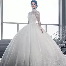 New Arrival High Collar Illusion Bodice Ball Gown Wedding Dresses Applique Muslim Tulle Vintage Bridal Gowns With Long Sleeves Custom Made Princess Wear