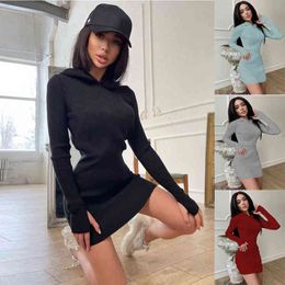Fashion 2022 autumn and winter style temperament knitted Solid Color Cotton Hooded long sleeved wool short skirt dress for women Y220413