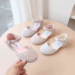 Girls Rhinestones Sandals 2022 New Fashion Korean Summer Girls Sweet Pearl Leather Rubber Square Heel Princess Sandal Kids Shoes G220418