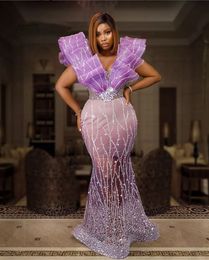 Aso Ebi Light Purple Mermiad Prom Dresses For Black Girls 2022 Sexy V Neck Plus Size See Through Bottom Formal Evening Occasion Gowns