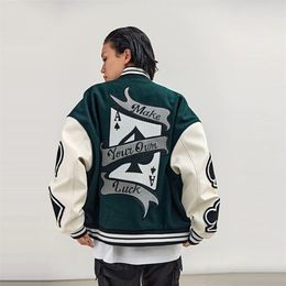 Spring and Autumn Poker Embroidered Baseball Jacket Leather Sleeve Men and Women Couples American Street Loose 220808